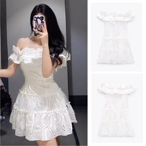 NEW ZARA EYELET WHITE STRAPLESS MINI RUFFLE DRESS